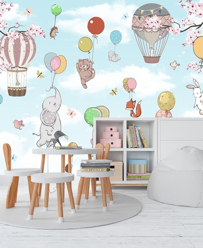 PAPIER PEINT: ANIMAUX EN MONTGOLFIÉRE SKU2412