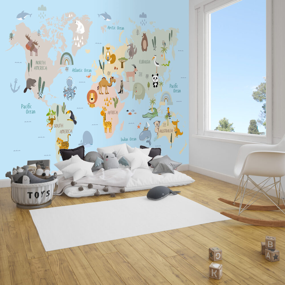 PAPIER PEINT: CARTE DU MONDE ANIMAUX BLEU SKU2413 – Image 3