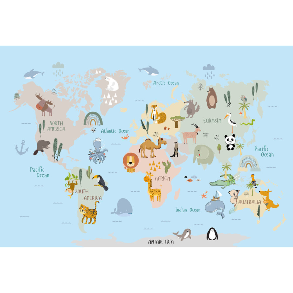PAPIER PEINT: CARTE DU MONDE ANIMAUX BLEU SKU2413 – Image 4