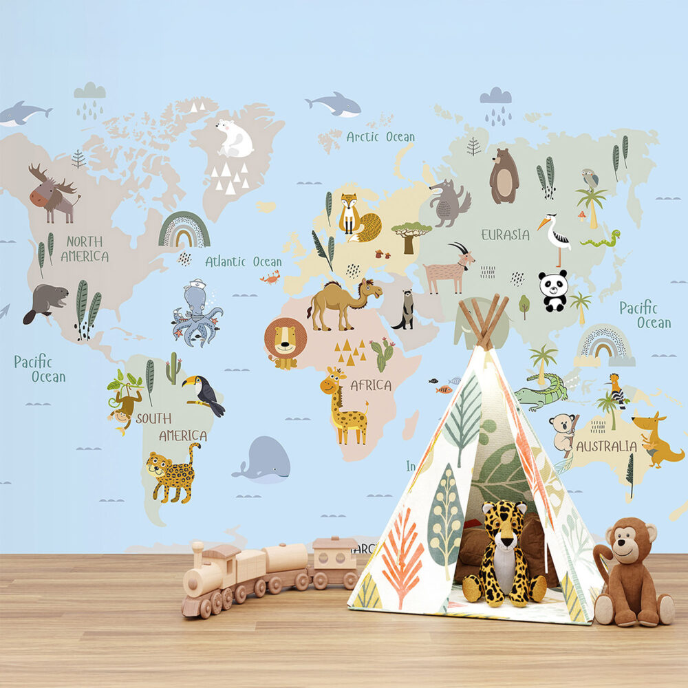 PAPIER PEINT: CARTE DU MONDE ANIMAUX BLEU SKU2413