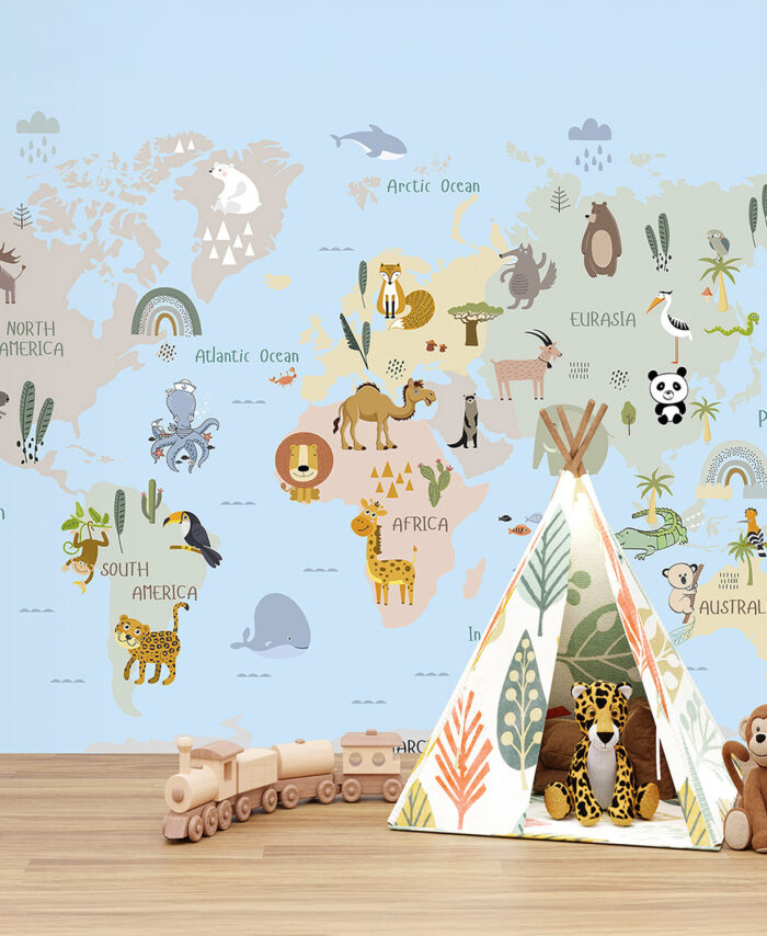 PAPIER PEINT: CARTE DU MONDE ANIMAUX BLEU SKU2413
