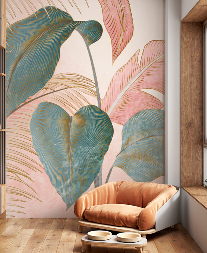 PAPIER PEINT:  FEUILLAGE ROSE VERT SKU2453