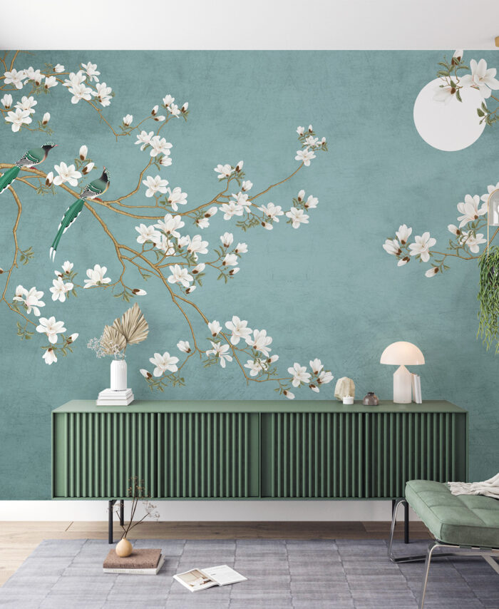 PAPIER PEINT: ARBRE EN FLEURS ET OISEAUX SKU2472