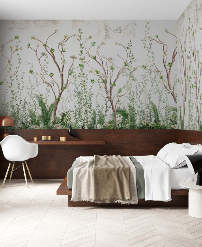 PAPIER PEINT: FEUILLAGE À FLEURS BLANCHE SKU2473