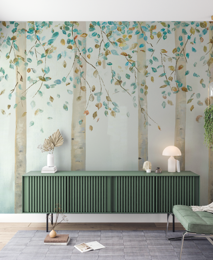 PAPIER PEINT FORÊT DE BOULEAUX - BLEU ET OCRA - SKU2518