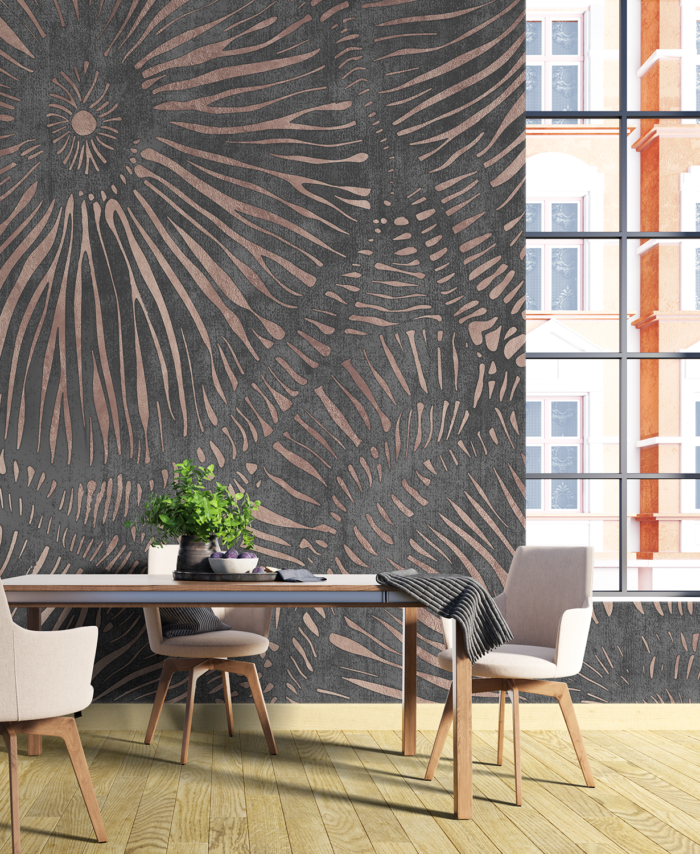 PAPIER PEINT MOTIF CORAIL - ROSE CUIVRÉ ET BÉTON NOIR - SKU2520