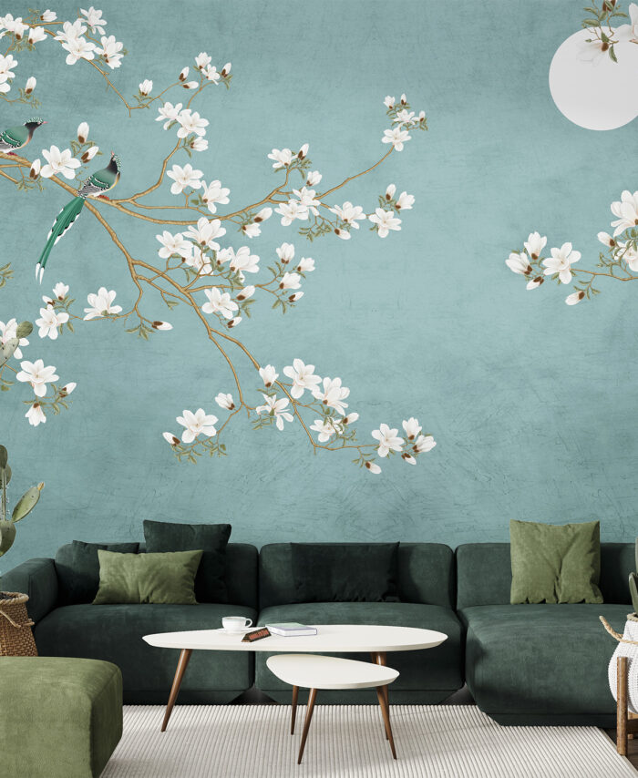 PAPIER PEINT JARDIN JAPONAIS - BLEU TURQUOISE -SKU2537