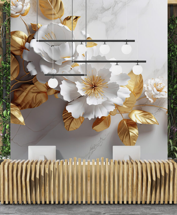 PAPIER PEINT FLEURS DE PIVOINES - BLANC ET OR - SKU2540