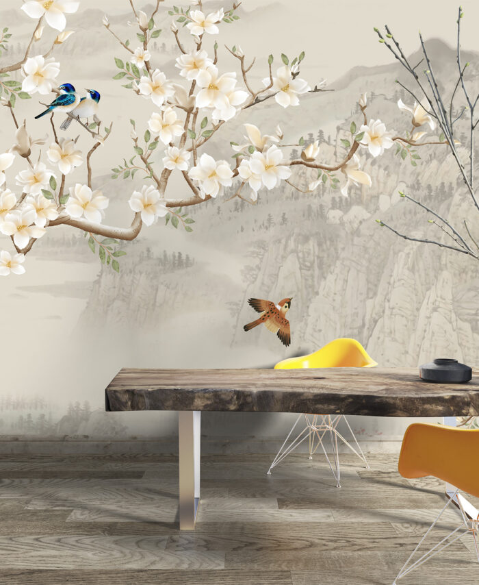PAPIER PEINT MAGNOLIAS ET MONTAGNES- SKU2542