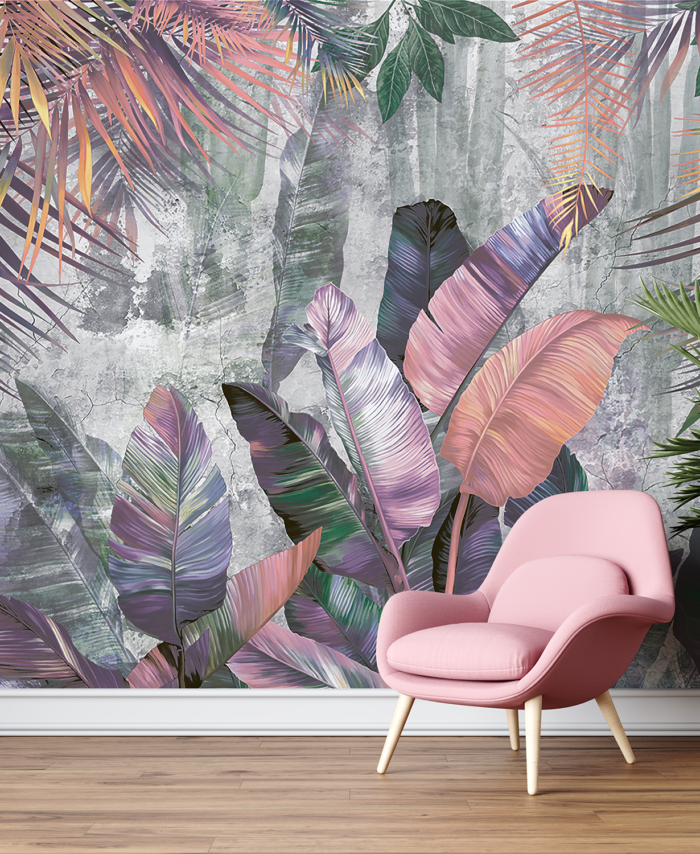 PAPIER PEINT  FEUILLAGE TROPICAL - ROSE ET VIOLET - SKU2523