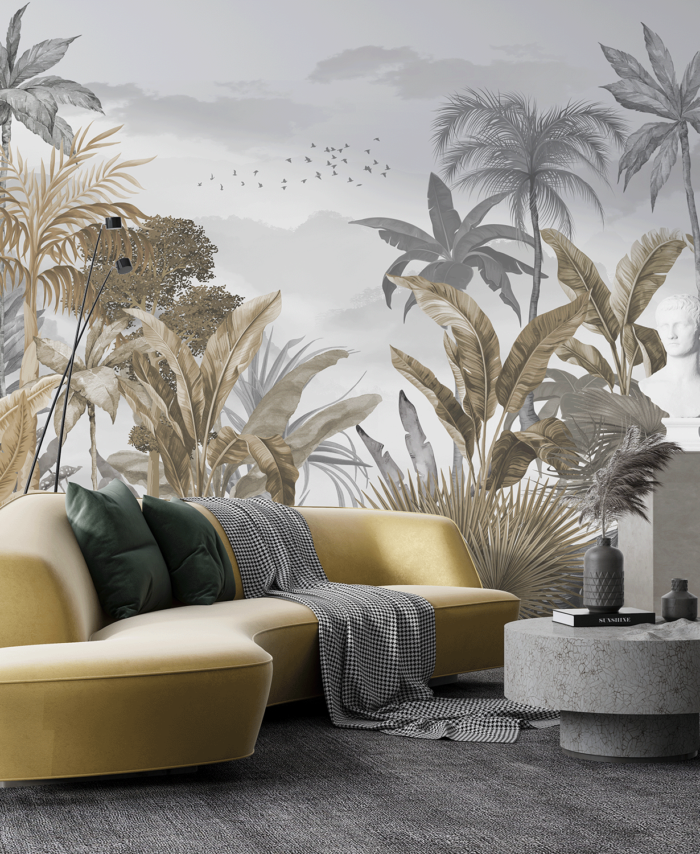 PAPIER PEINT JUNGLE TROPICALE - GRIS ET BEIGE - SKU2531