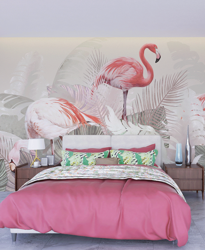 PAPIER PEINT JUNGLE TROPICALE - FLAMANTS ROSES - SKU2532